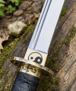 Yin Yang Katana with polished steel blade, black wrapped handle, gold-tone Yin Yang guard, and matching black scabbard.