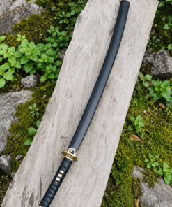 Yin Yang Katana with polished steel blade, black wrapped handle, gold-tone Yin Yang guard, and matching black scabbard.