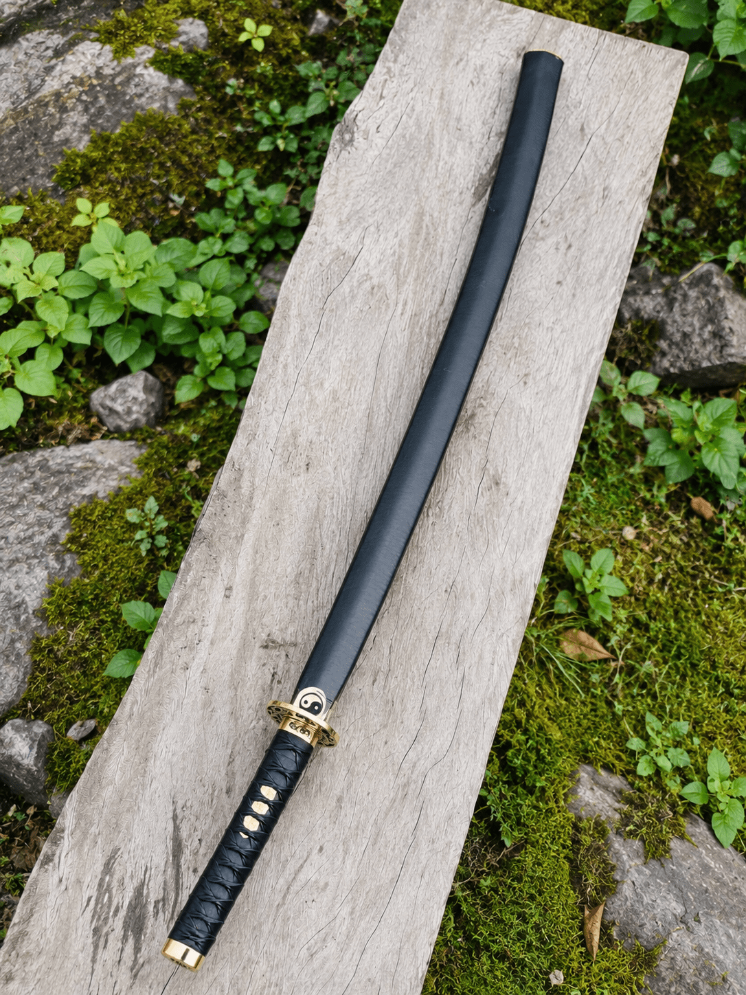 Yin Yang Katana with polished steel blade, black wrapped handle, gold-tone Yin Yang guard, and matching black scabbard.