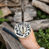 Yin Yang Katana with polished steel blade, black wrapped handle, gold-tone Yin Yang guard, and matching black scabbard.
