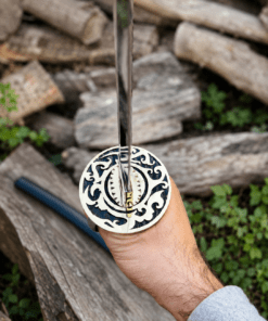 Yin Yang Katana with polished steel blade, black wrapped handle, gold-tone Yin Yang guard, and matching black scabbard.