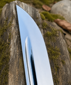 Yin Yang Katana with polished steel blade, black wrapped handle, gold-tone Yin Yang guard, and matching black scabbard.